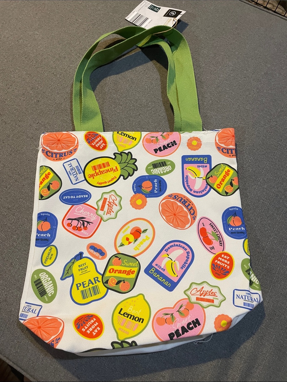 Aldi Book Club Green-Handle Fruit Sticker Print Tote Bag